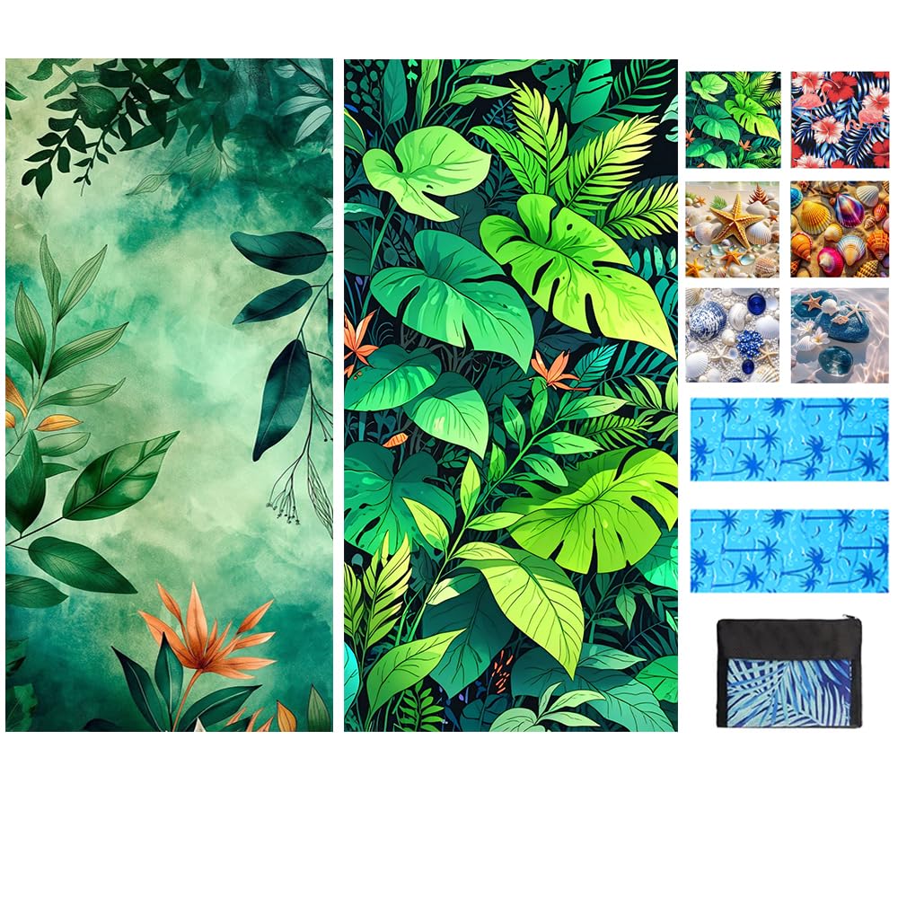 JAODFK 2 Pcs Microfibre Beach Towel 71"X32" Quick Dry Lightweight Sand Free Extra Large Thin Green Leaves Towels Travel Essentials For Adults Womens