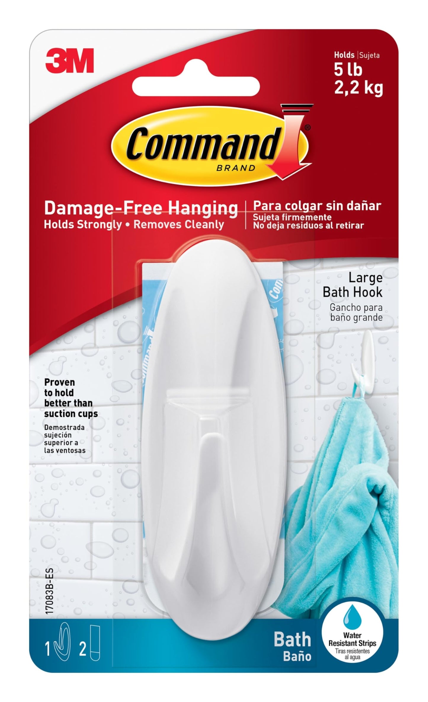 Command Bath Large Hooks, 1 Hook and 2 Water-Resistant Adhesive Strips