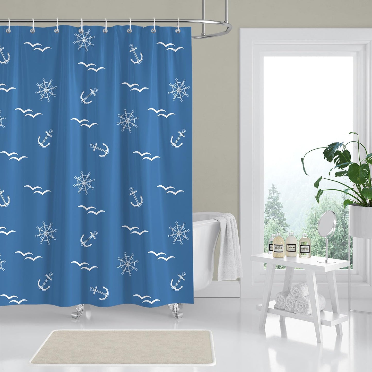 BREASOME Nautical Shower Curtain 180 x 180 cm Ship Wheel and Wild Goose Shower Curtain for Bathroom Decor Mould Proof Waterproof Polyester Fabric