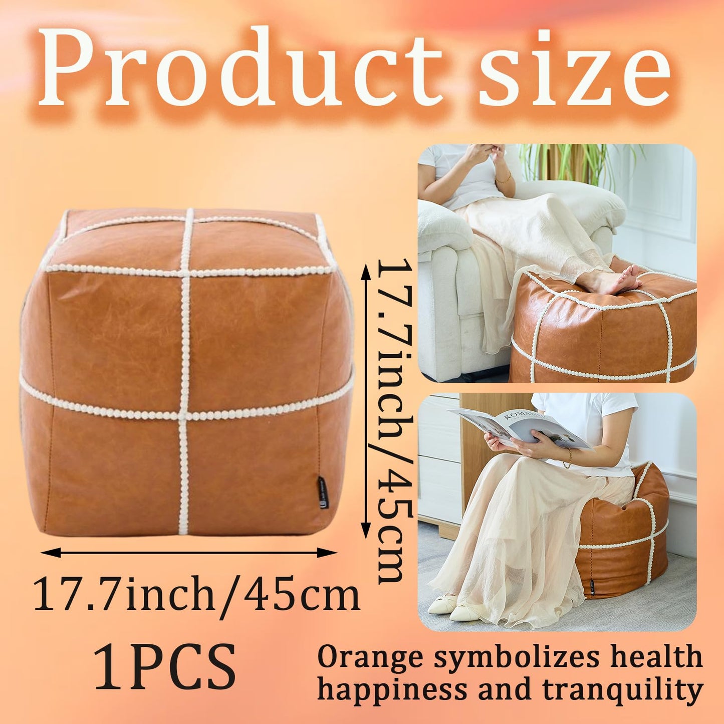 Louis Donne Unstuffed Square Leather Pouf, Supersoft Handmade Ottoman Faux Moroccan Decor, Storage Solution, Footstool, Foot Rest