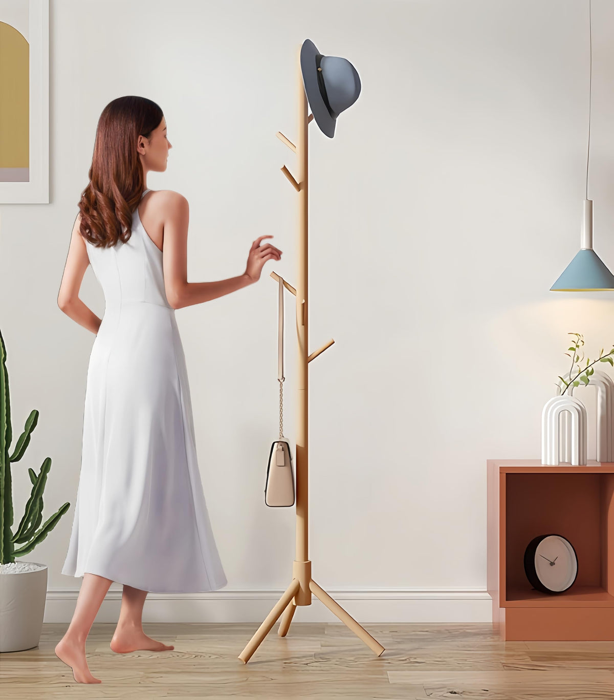 Uwenkjie coat stand，Sturdy wooden coat rack, adjustable size, with 8 hooks, suitable for hanging clothes, hats, handbags