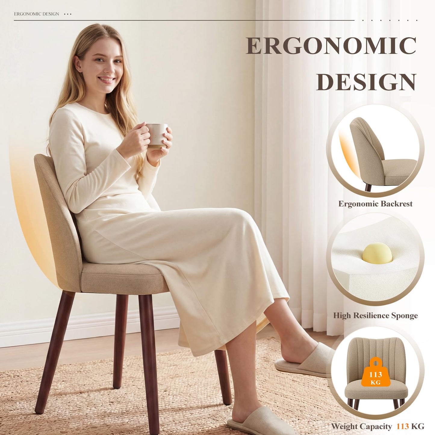 MALOL Upholstered Dining Chairs Set of 6, Fabric Chairs for Dining Room with Solid Wood Legs and Thick Seat Cushion
