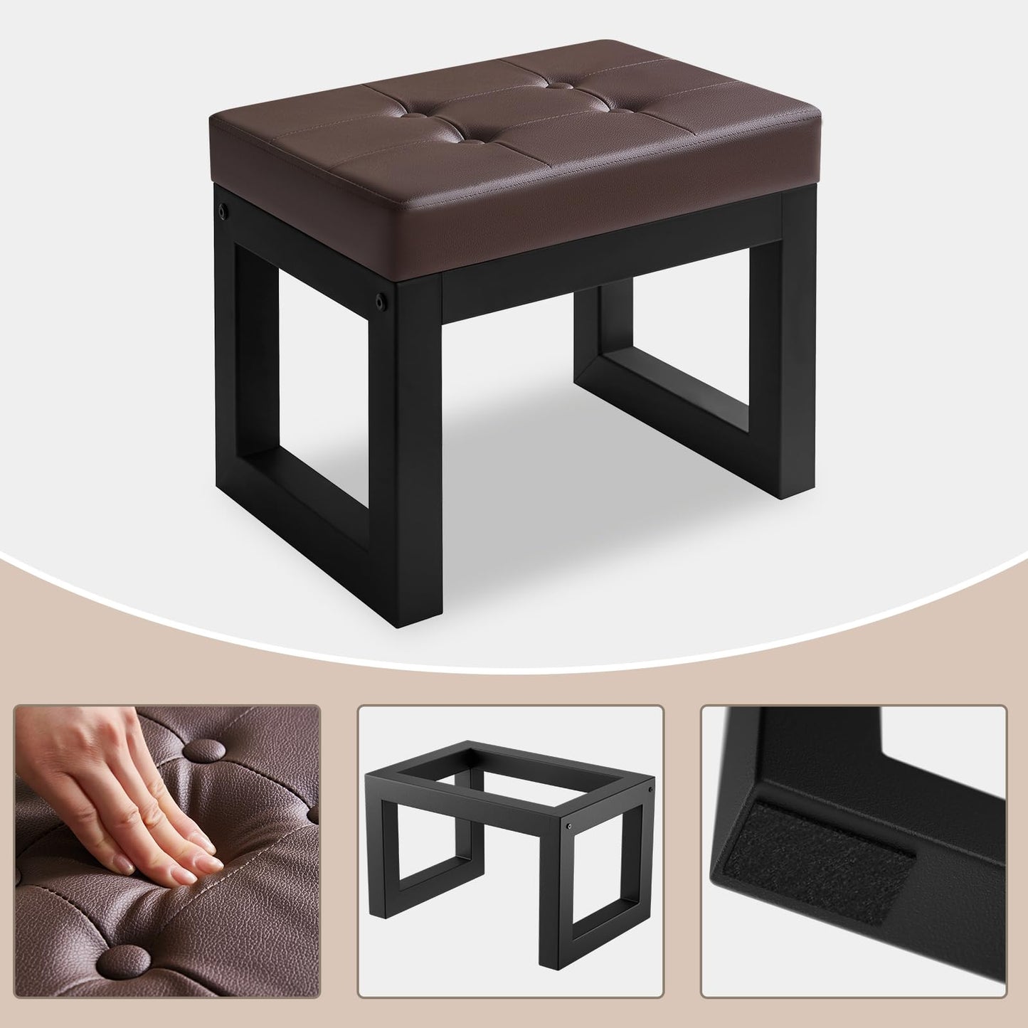 IBUYKE 16 Inch Small Foot Stool Ottoman, Rectangle PU Faux Leather Foot Rest with Padded Seat and Metal Legs