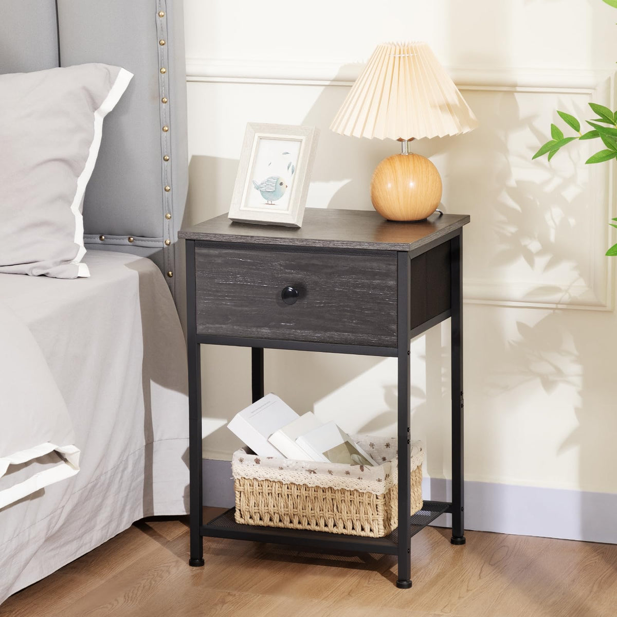 AMHANCIBLE Bedside Tables Set of 2, Side Tables with Fabric Drawers