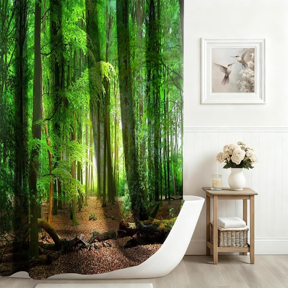 Xiaoterna Spring Shower Curtain Nature Landscape 3D Scenery Bathroom Curtain Deciduous Forest Bathroom Curtain Tropical Rainforest Shower Curtain