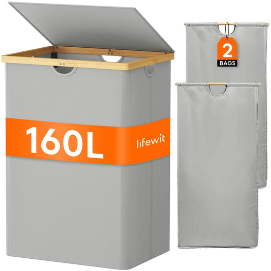 Lifewit 160L Double Laundry Hamper with Lid, Extra Large Bamboo Laundry Basket Dirty Clothes Hamper, 2 Section Laundry Bin Organizer for Laundry Room