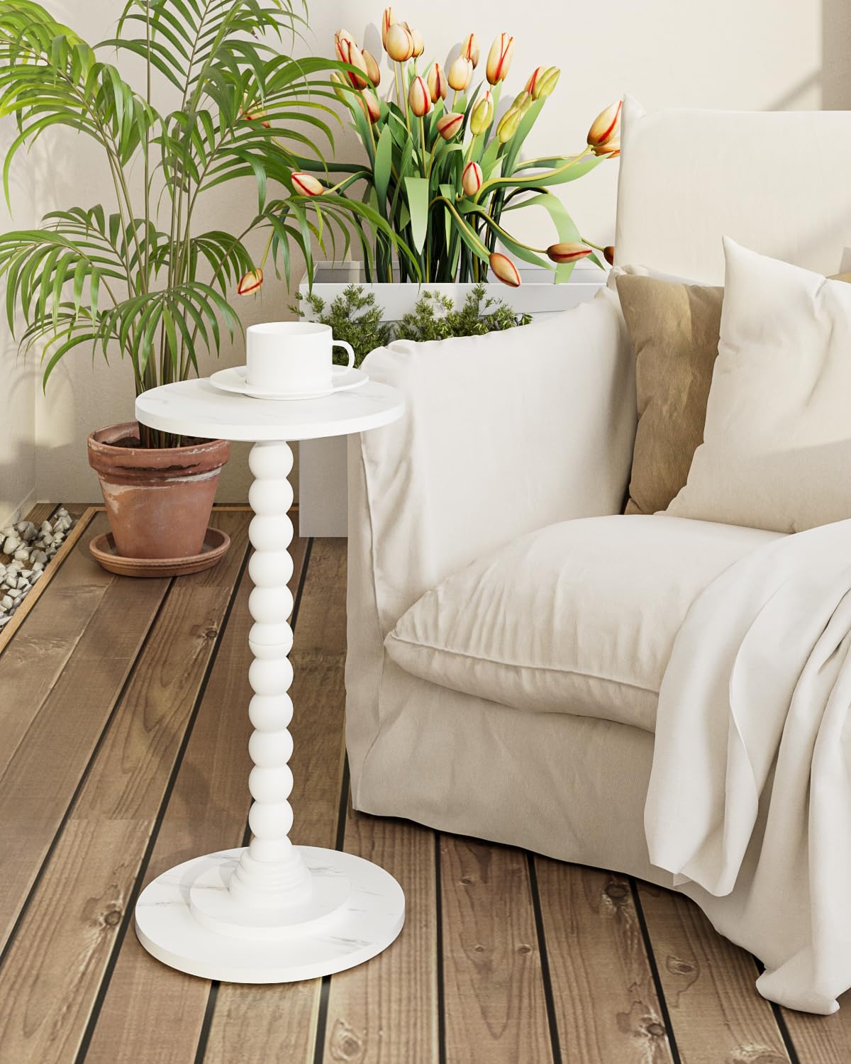 Apetaccat Round Side Table, Drink End Table with Solid Wood Leg, Small Side Tables for Living Room, Bedroom, Study, White