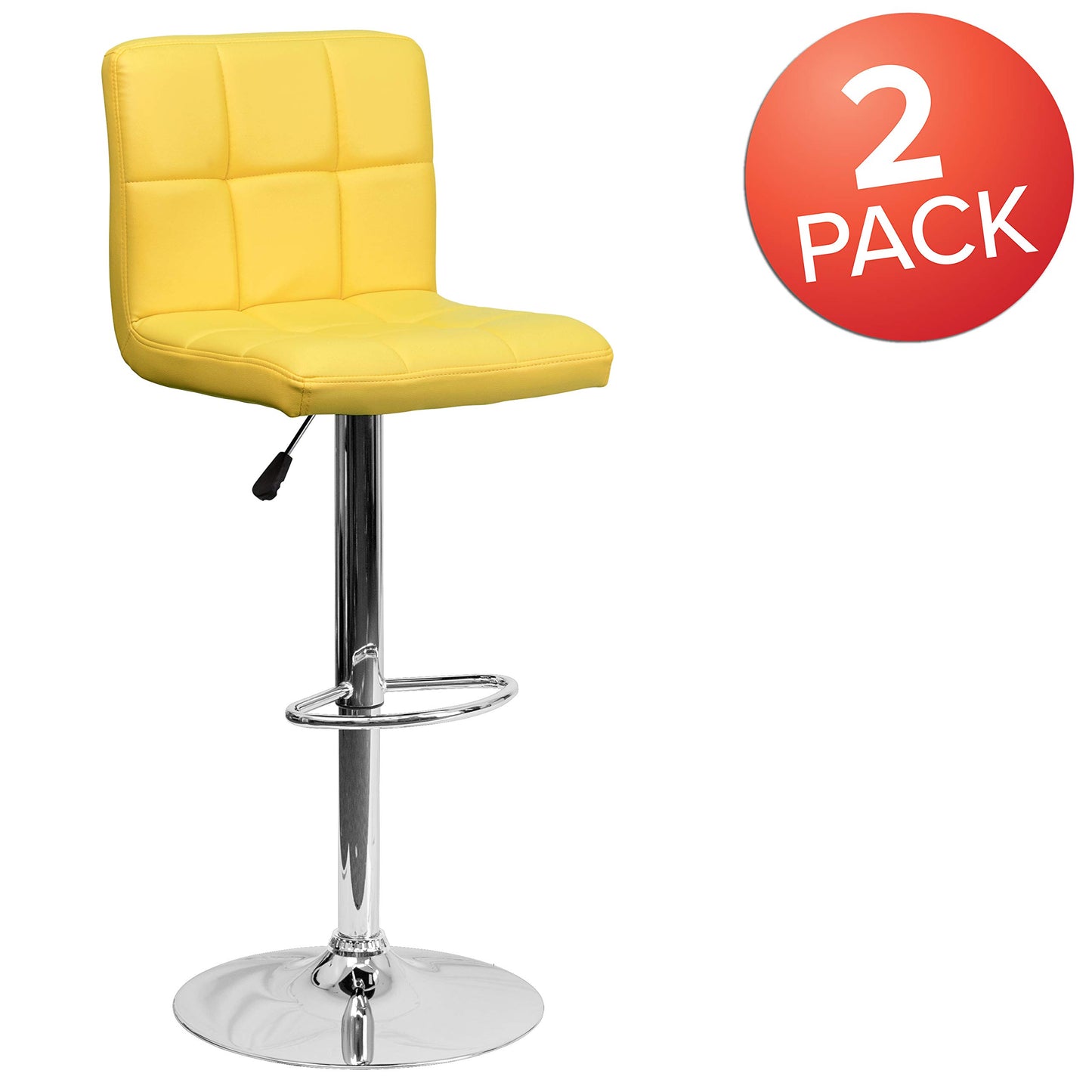 Flash Furniture Alexandra 2 Pack Contemporary Yellow Quilted Vinyl Adjustable Height Barstool with Chrome Base