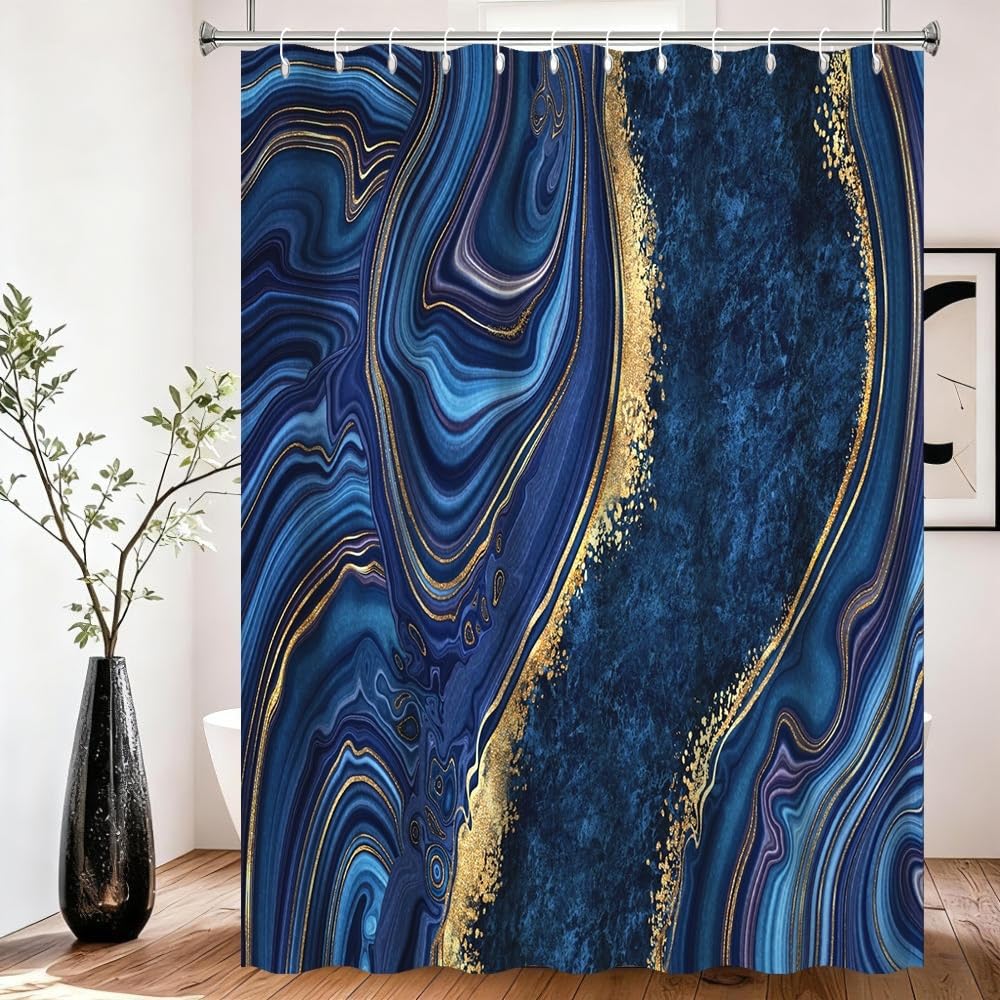 Xiaoterna Marble Fabric Shower Curtain Navy Blue And Gold Marble Neutral Color Waterproof Bathroom Curtains Modern Luxury Mildew Resistant Machine