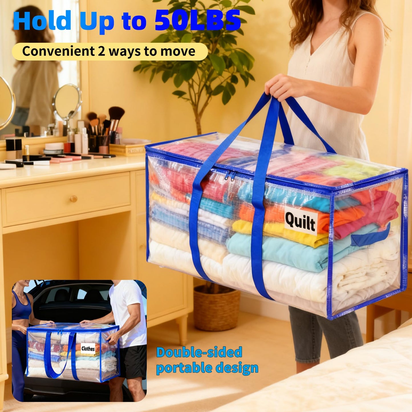 AuTong 4-Pack Storage Bags with Zips: 94L Clear Plastic Moving Bags with Reinforced Wrap Around Handles for Family, College Dorm
