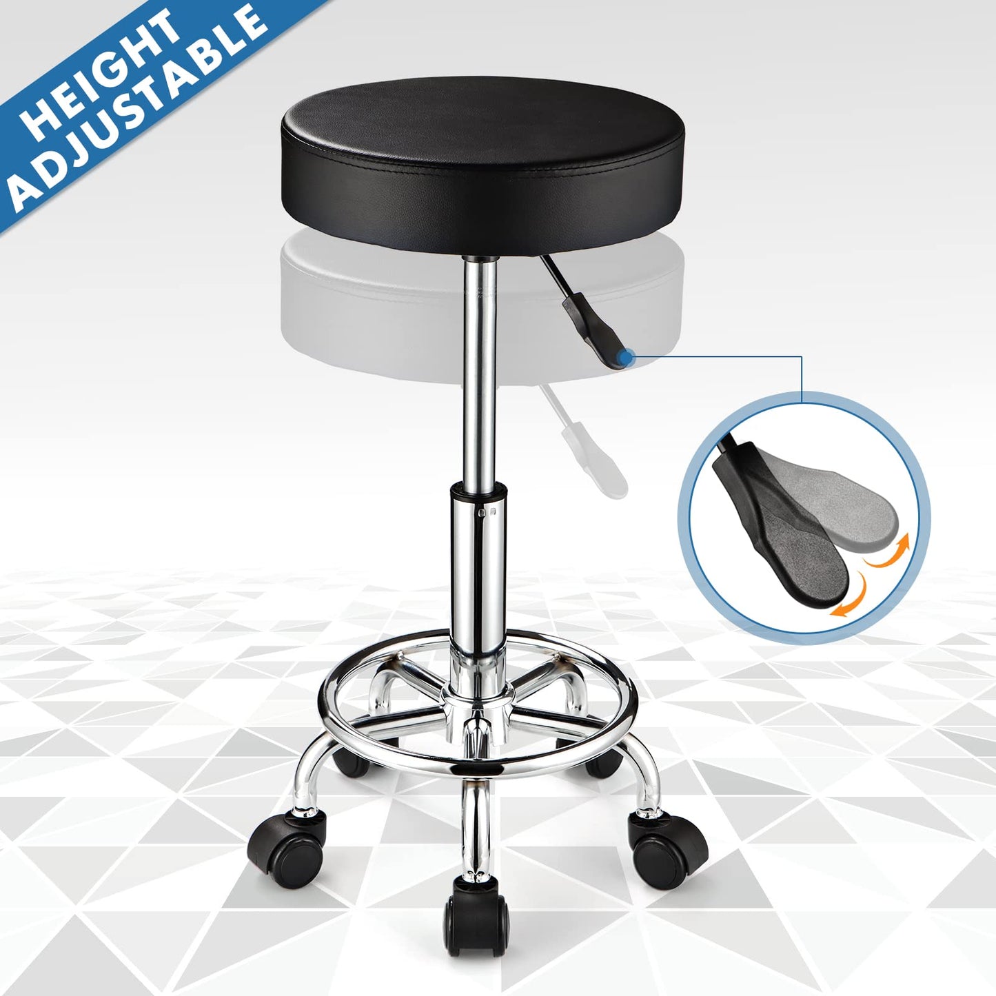 FNZIR Adjustable Stool with Wheels Round Rolling Stool for Spa Salon Massage Office Stool Chair (Black)