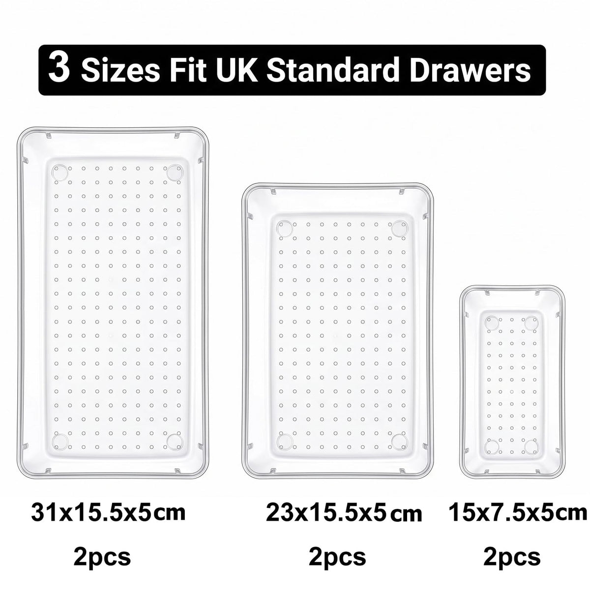 6 Pcs Clear Drawer Organiser Trays, Versatile Acrylic Drawer Dividers & Storage Bins, Non-Slip Makeup Organiser