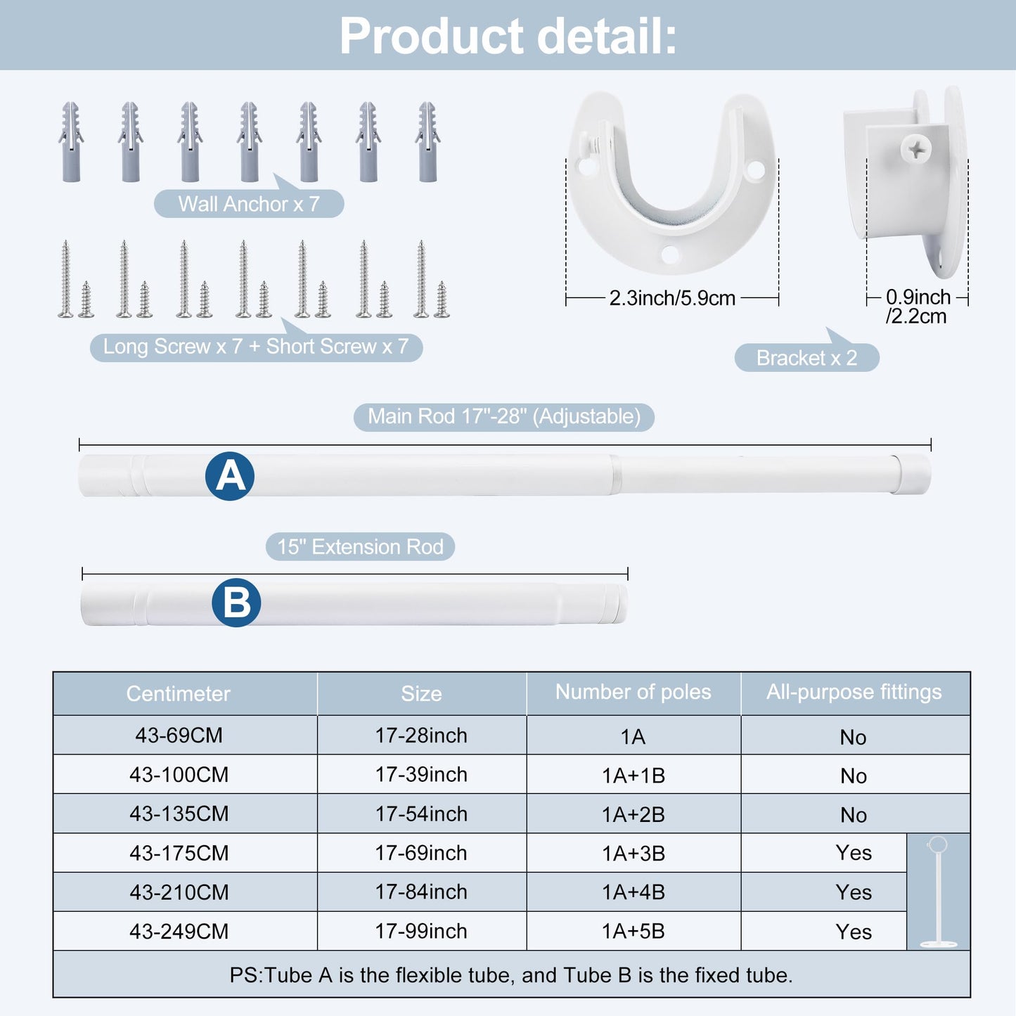 Wardrobe Rail,Extendable Clothes Rails, Stainless Steel adjustable wardrobe pole with Fixing Sockets and Screws for Wardrobe and Cupboard