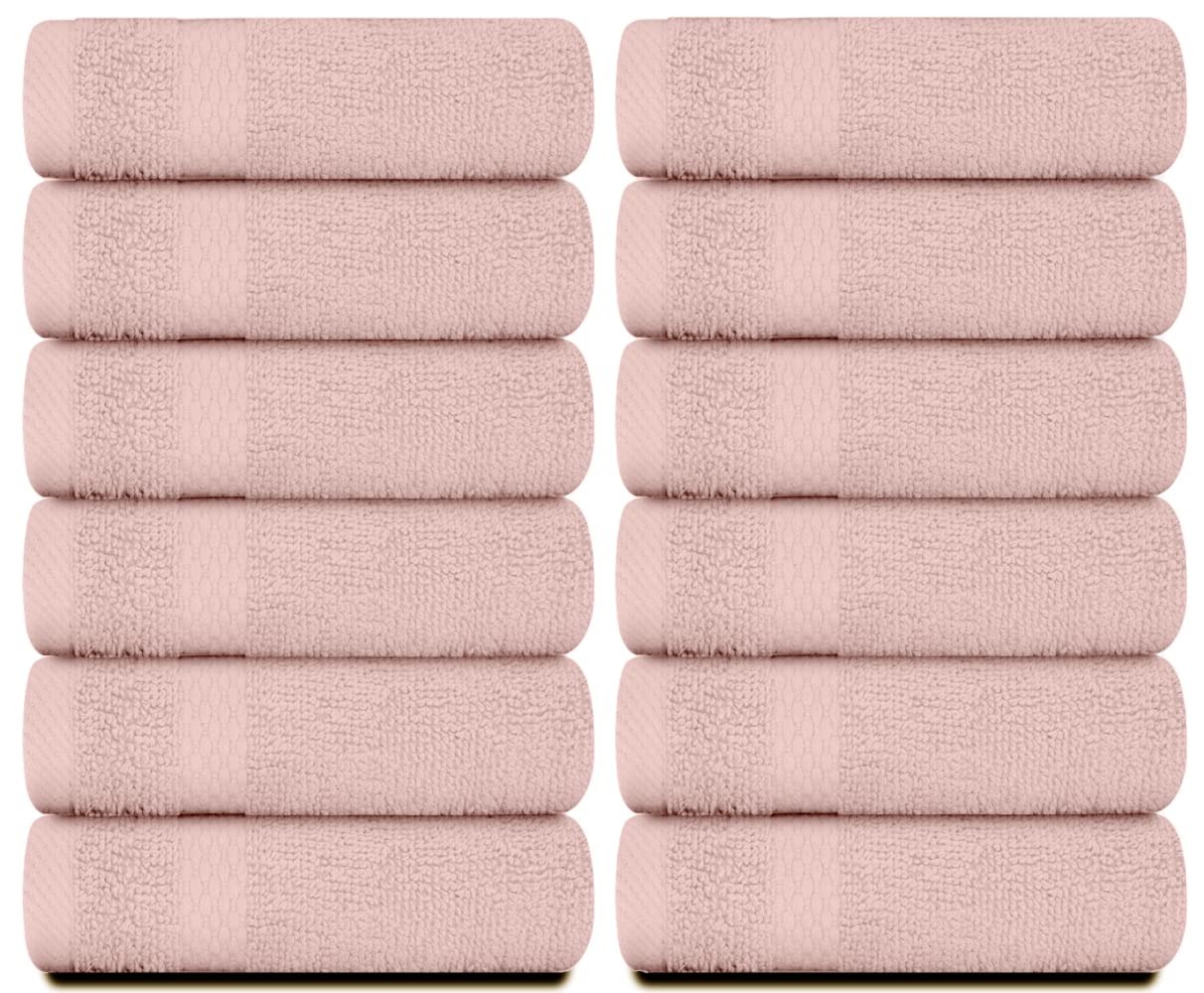 White Classic Luxury Cotton 12 Pcs Flannel Set, Hotel Style Face Cloth 33x33 cm, Soft Plush Bathroom Face Towel Pack of 12, Pink
