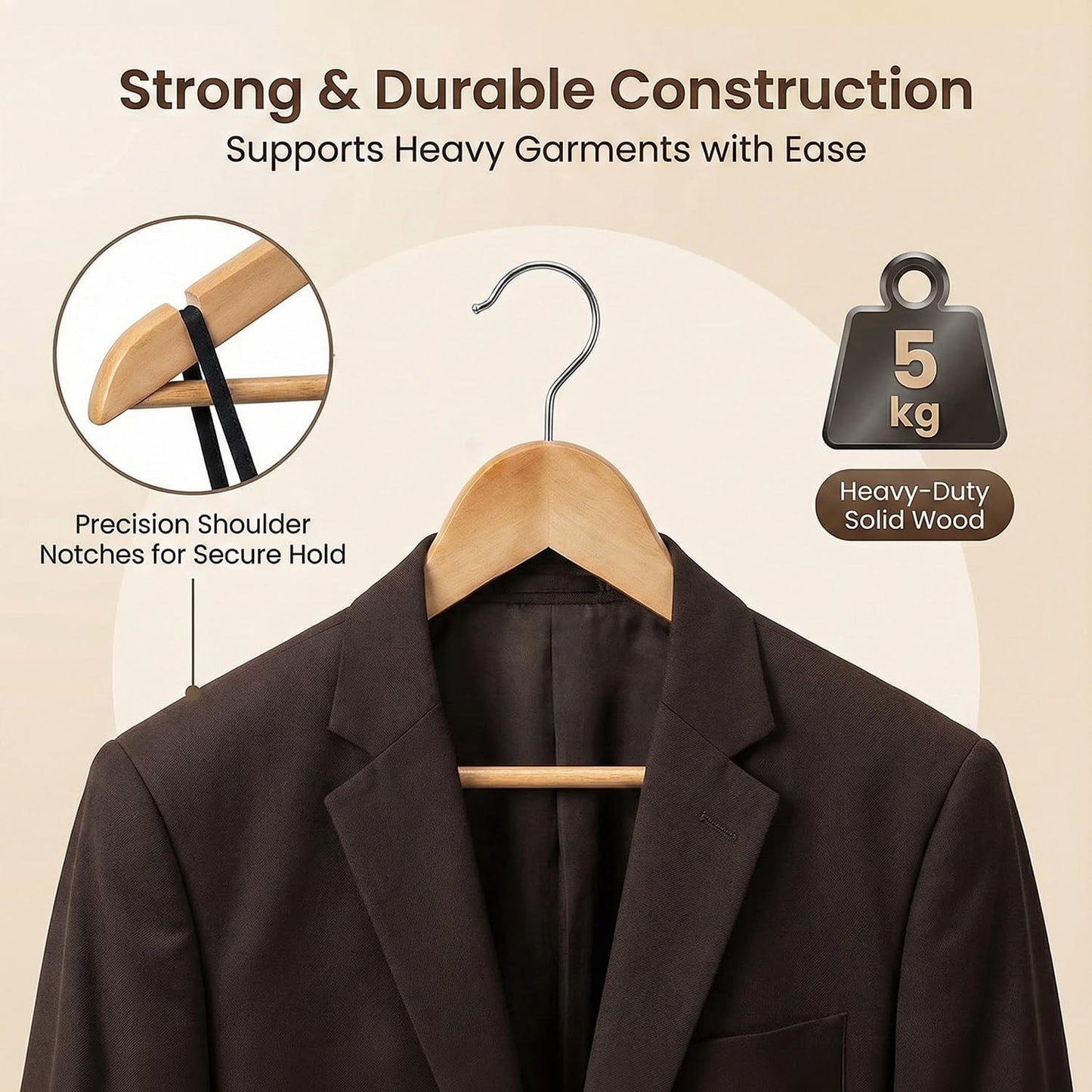 DrySmart 20 Pack Wooden Coat Hangers with 360° Swivel Hook, Round Trouser Bar & Shoulder Notches – Durable Space-Saving Closet Hangers for Men & Women
