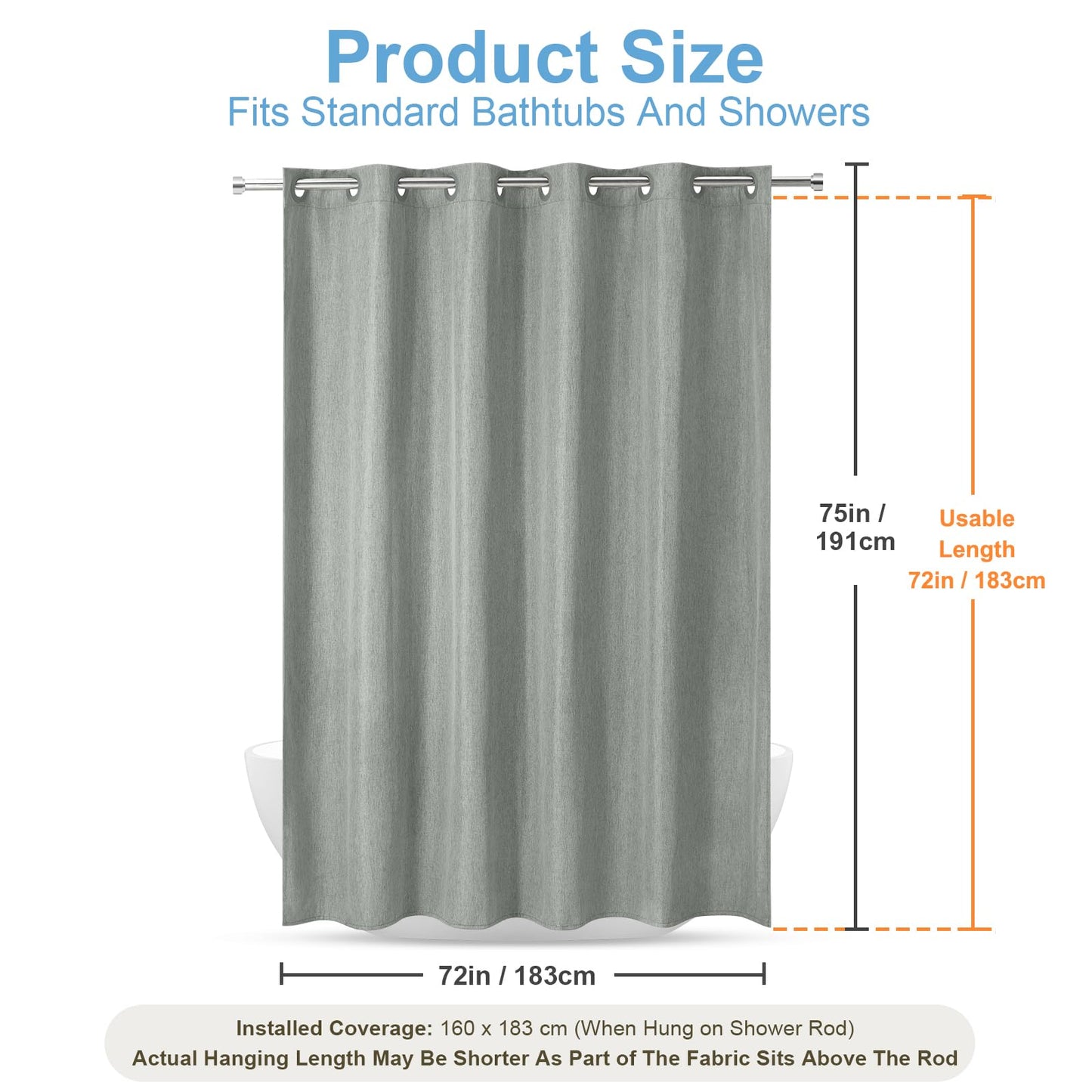 Hotel Style No Hook Rustic Linen Shower Curtain for Bathroom 230GSM Thick Fabric Texture Shower Curtains, Enhanced Waterproof, Weighted Hem