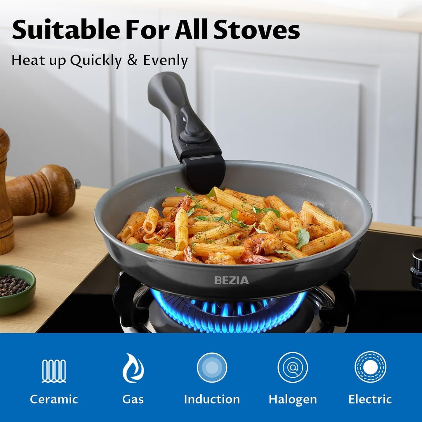 BEZIA Induction Hob Pans Set, Ceramic Nonstick Pots and Pans Set 10 Pieces, Pan Sets with Detachable Handles, Stackable Cookware Set for All Hobs