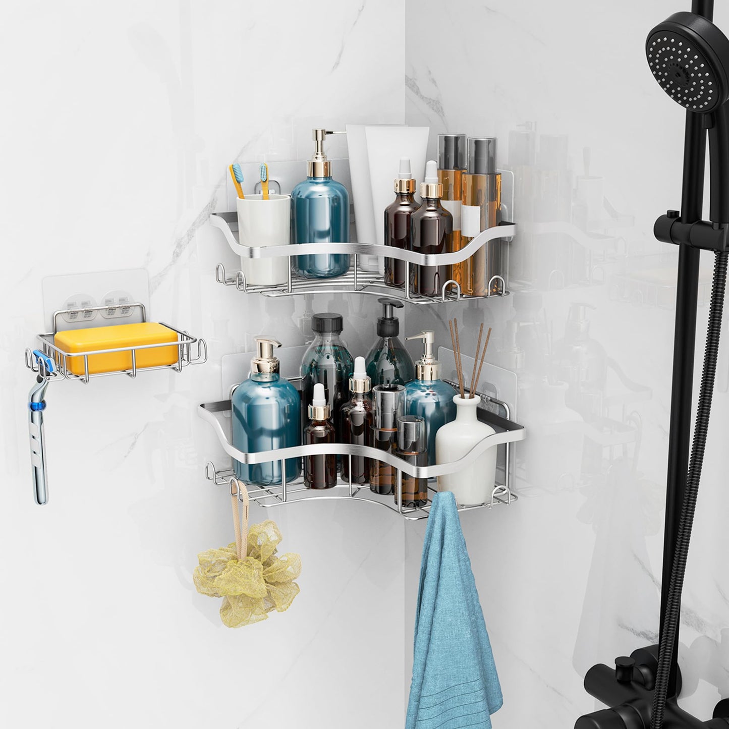 OETAMS Shower Caddy Corner with Soap Holder 3 Pack Shower Organizer Sliver