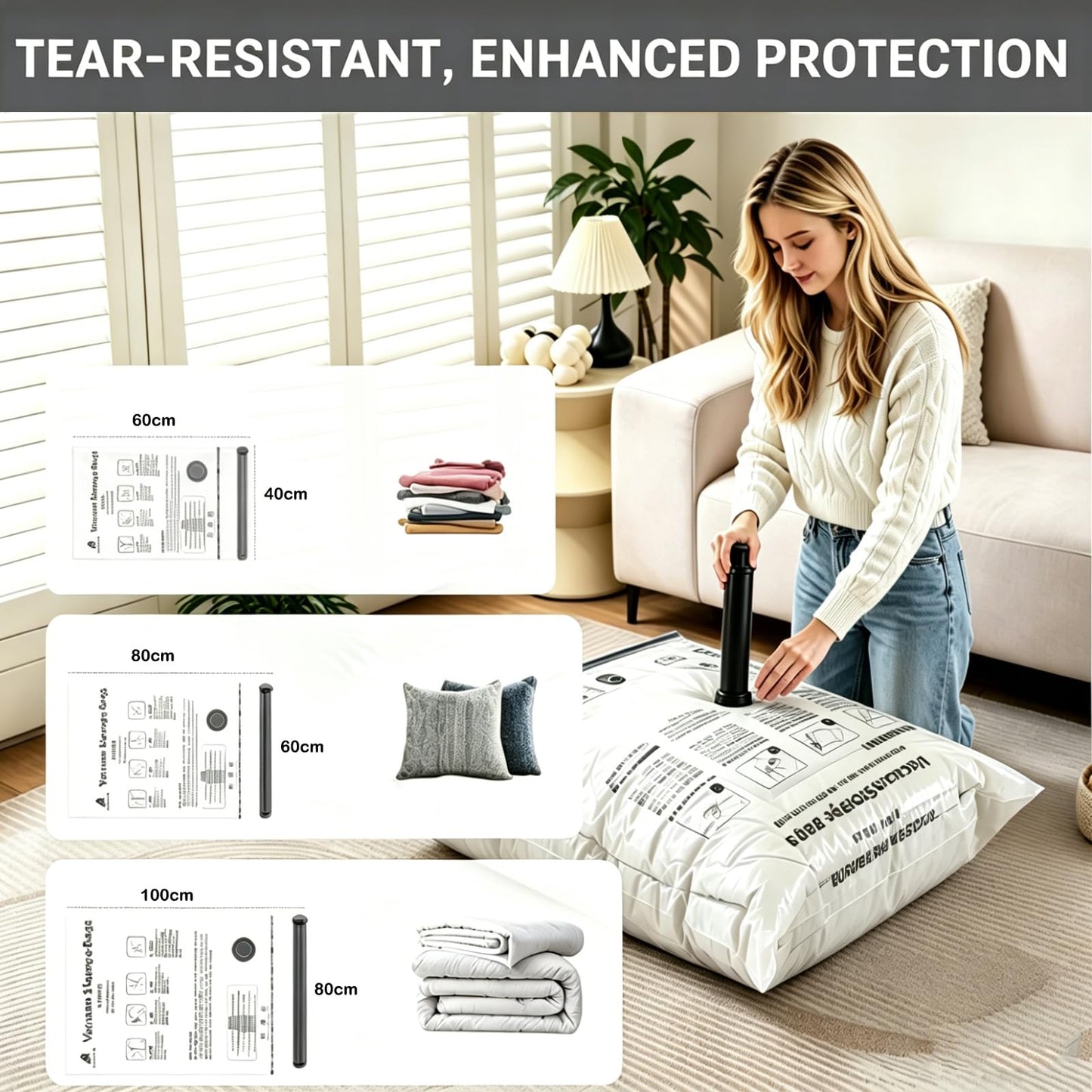 Bighan Vacuum Storage Bags 9 Pack(3 Large + 3 Medium + 3 Small) Reusable Space Saver Bags Vacuum Compression Zipper Storage Bags with Airtight Valve