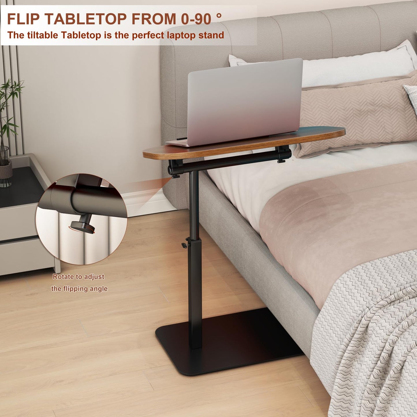 YUTVCZO Solid Wood C Shaped Side Table Adjustable Height,360°Swivel Side Table for Sofa and Bed