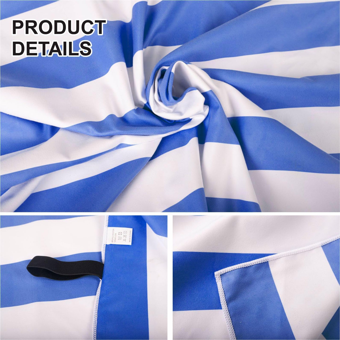 Large Quick Dry Microfibre Beach Towel 160x90cm, Double Sided Blue & White Striped Lightweight Travel Towel with Carry Bag