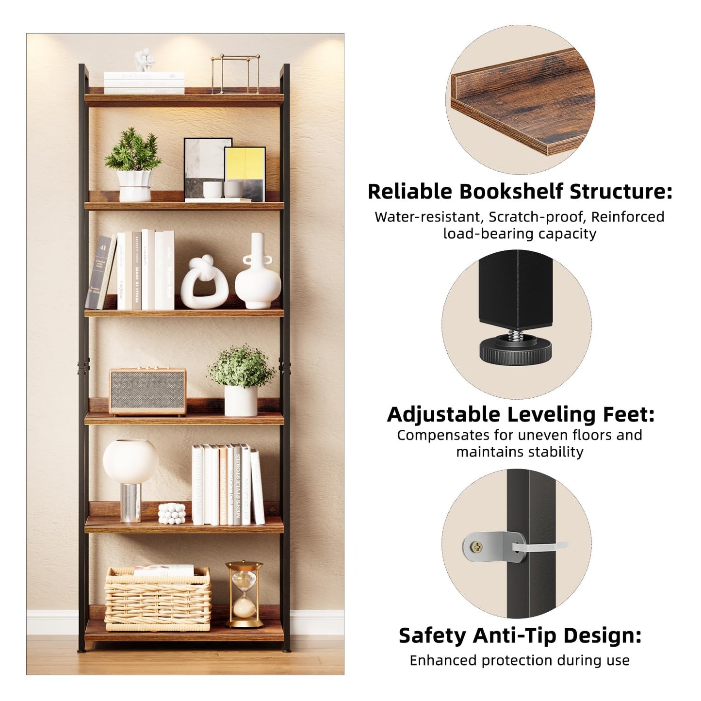 APPOLYN 6 Tier Bookshelf, Open-shelf Bookcase with Backboard, Rustic Brown