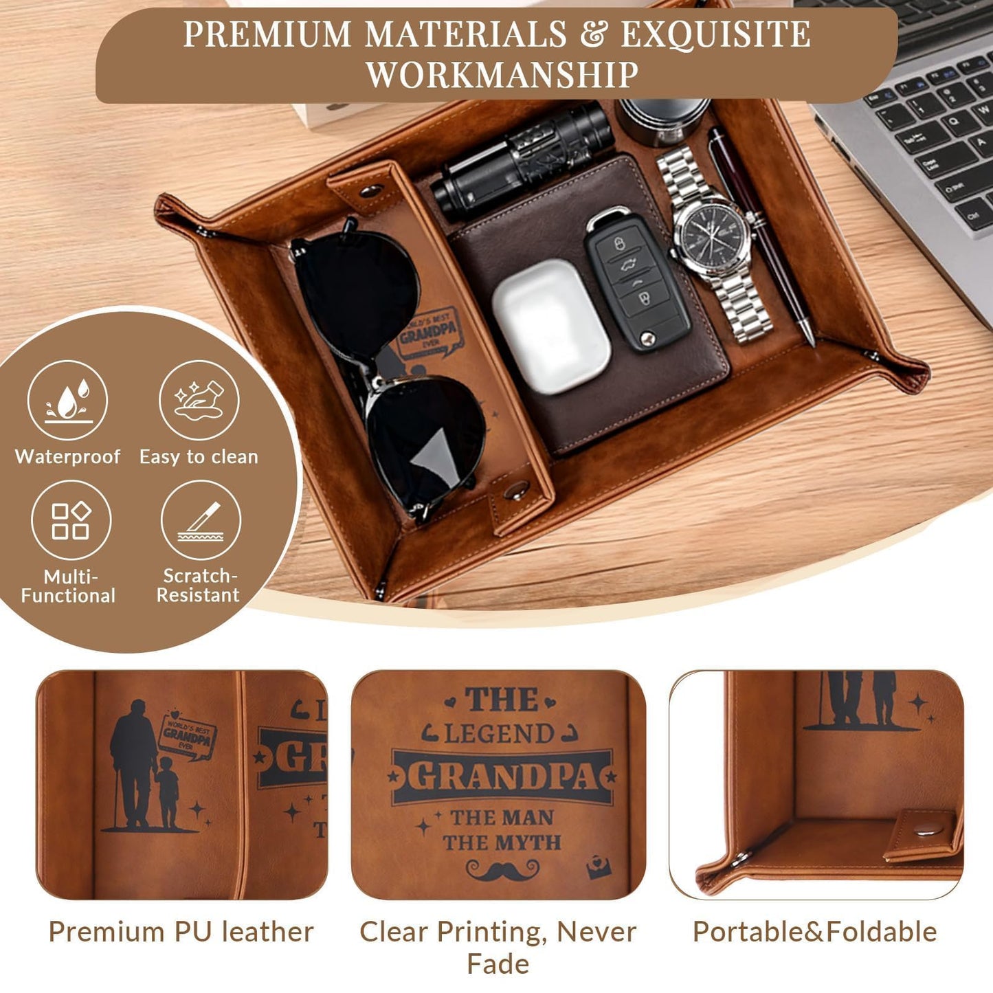 Belillpipi Valet Tray Gifts for Grandad, Bedside Organiser Grandfather Birthday Gift, Best Presents for Grandad on Fathers Day Christmas