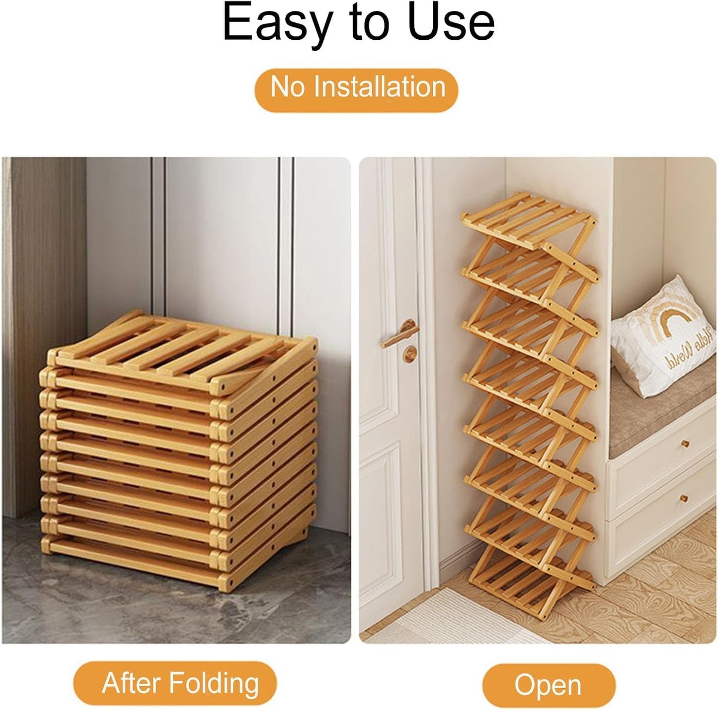 YYW Shoe Rack, Foldable Bamboo Shoes Shelf, Freestanding Shoe Storage Organiser for Entryway, Hallway, Bedroom, Closet, Natural Shoe Rack
