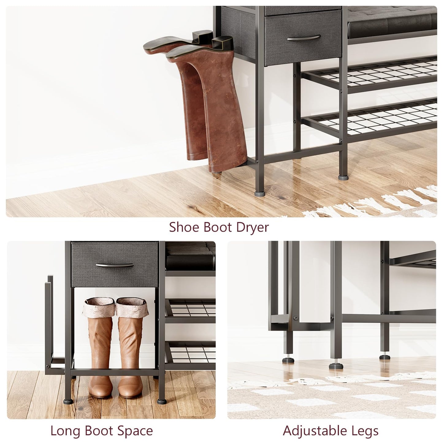 MUTUN Shoe Bench with Cushion, Storage Bench with Padded Seat, 2 Drawer and Open Compartments, for Entryway, Hallway, Living Room, Black