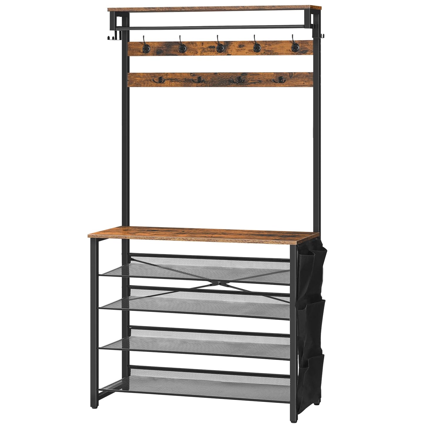 HOOBRO Coat Stand, Coat Rack with Shoe Storage, Hall Tree with Tiltable Mesh Shelves, 4 Removable Hooks, Side Storage Pocket