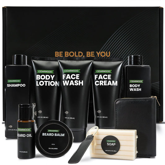 Mens Gift Set for Him 10PCS Cedar Shower Gel Gift Set Bath and Body Wash Gifts for Men with Beard Oil, Balm & Business Card Case, Unique Father?s Day