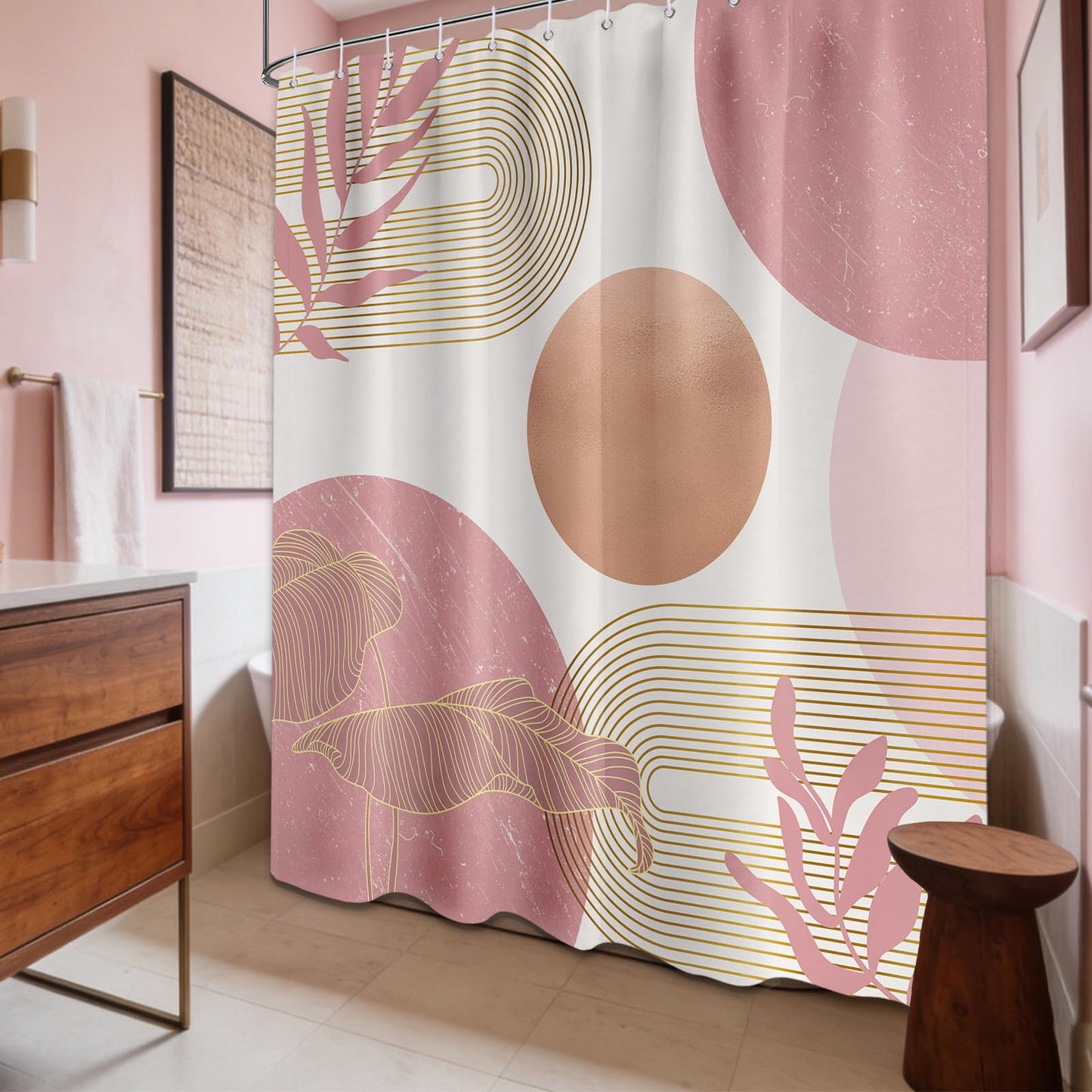 LanZanthic Blush Pink Boho Shower Curtains for Bathroom Light Pink and White Women MCM Wet Room Shower Curtain with hooks, Mould Proof Resistant