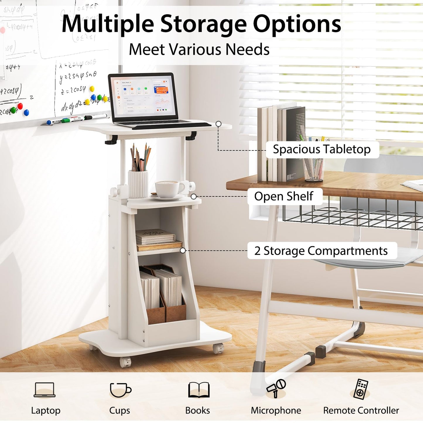 CASART Movable Laptop Table, Height Adjustable Computer Workstation with Storage Cabinet & Rolling Casters, Standing PC Desk for Home Office (White)