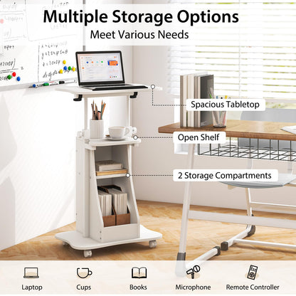 CASART Movable Laptop Table, Height Adjustable Computer Workstation with Storage Cabinet & Rolling Casters, Standing PC Desk for Home Office White