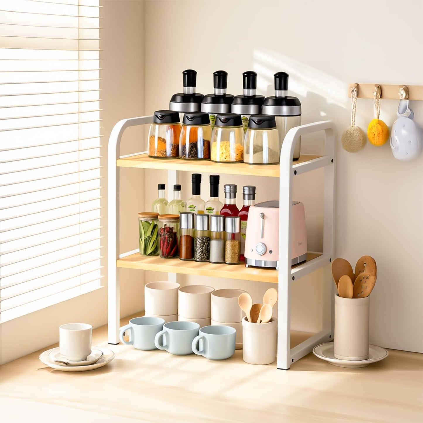 LEDSUUEI Storage Rack with Hooks, Desktop Storage Rack, Bamboo Frame, for Kitchens, Dining Rooms, Offices, Rustic Brown and white 001