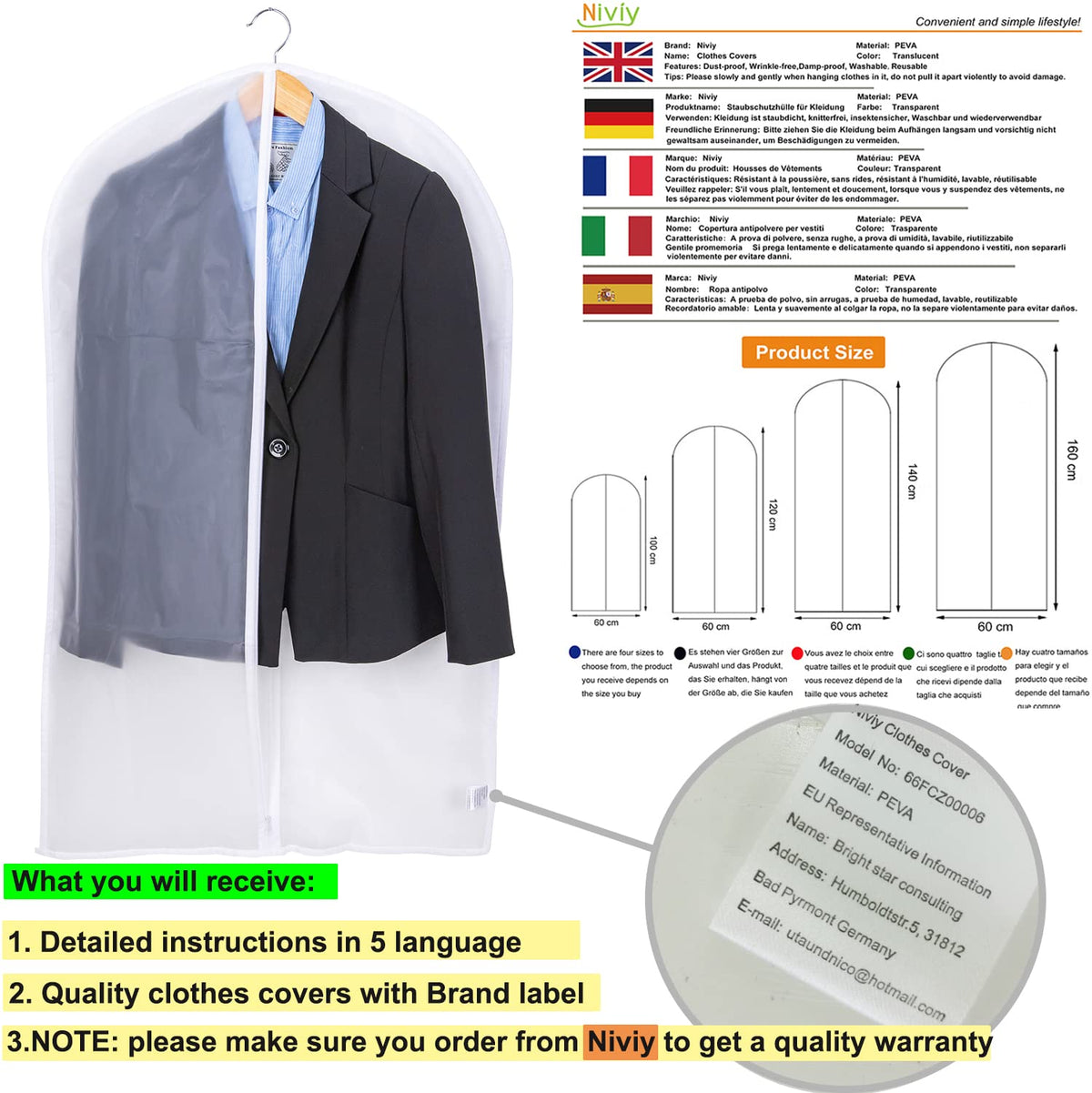 Niviy Dress Bag for Hanging Clothes, 60 x 140 cm Clear Dress Cover with Zip, Waterproof Dustproof PEVA Clothes Storage Bag for Dresses, Coats