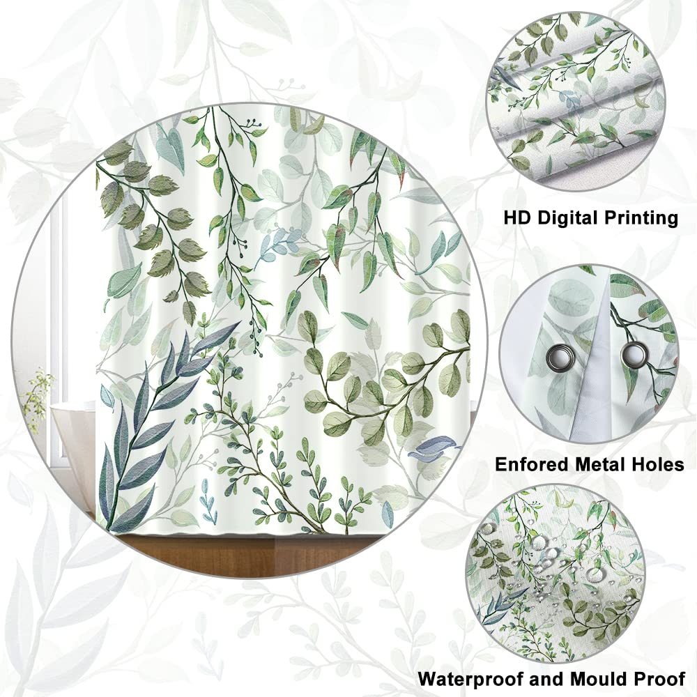 Uiiooazy Eucalyptus Shower Curtain, Green Blue Leaves Pattern Bath Curtain Mildew and Mould Resistant Waterproof Polyester Fabric Washable Opaque