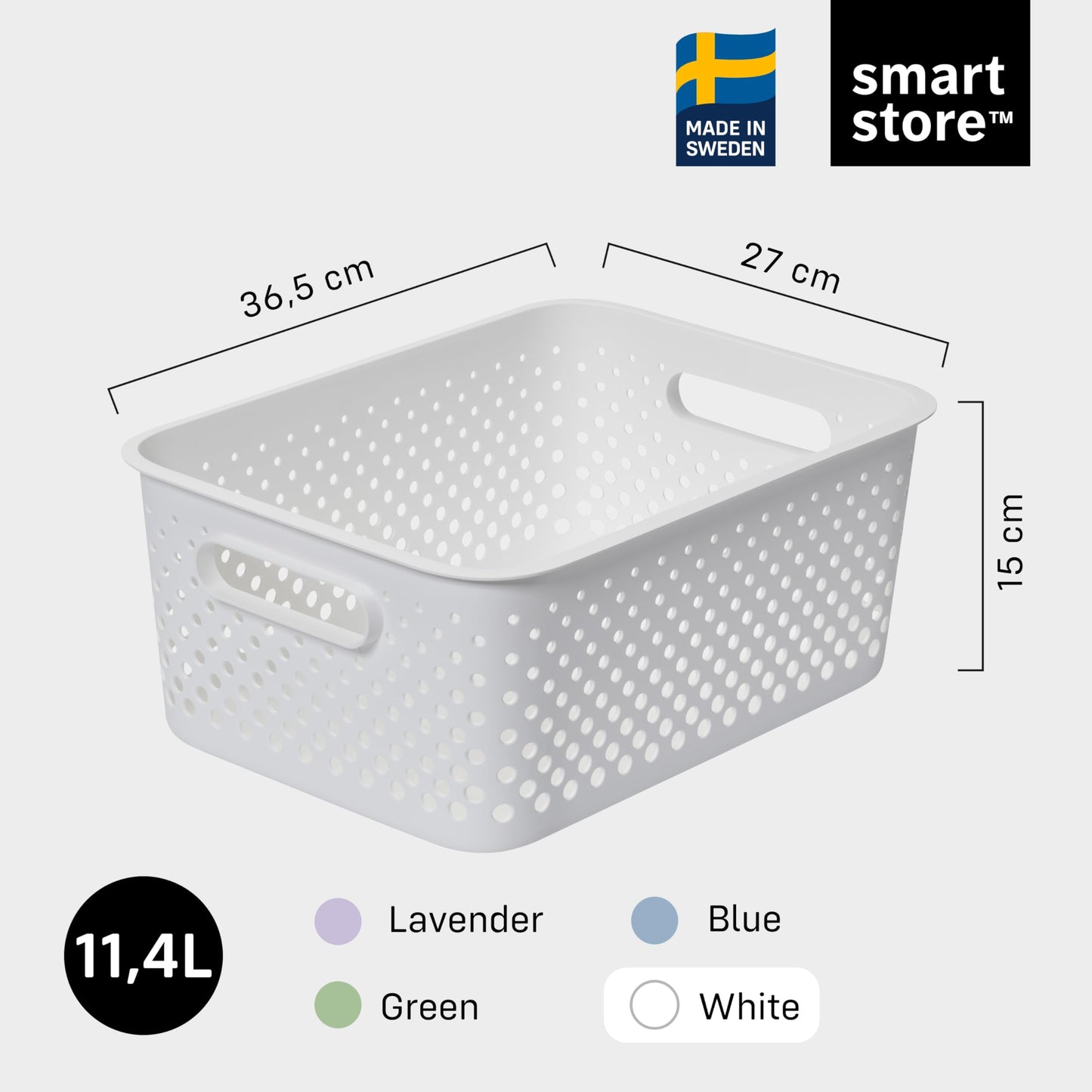 SmartStore Storage Basket with Handles in White 11.4L (36.5x27x15cm) | Plastic Storage Bin from Recycled Plastic