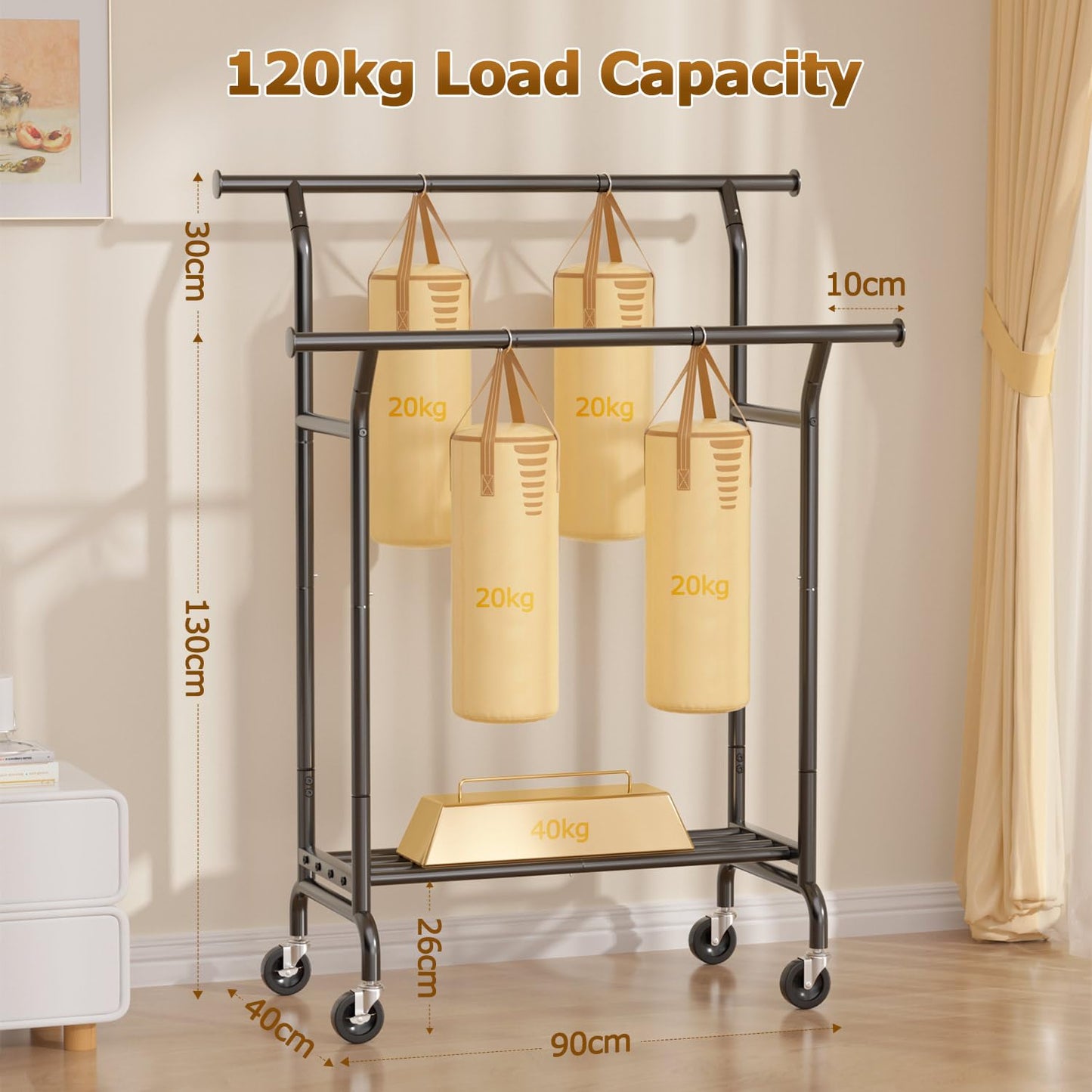 EAGMAK Double Clothes Rail on Wheels Load 120 KG, with Storage Shelf, Black