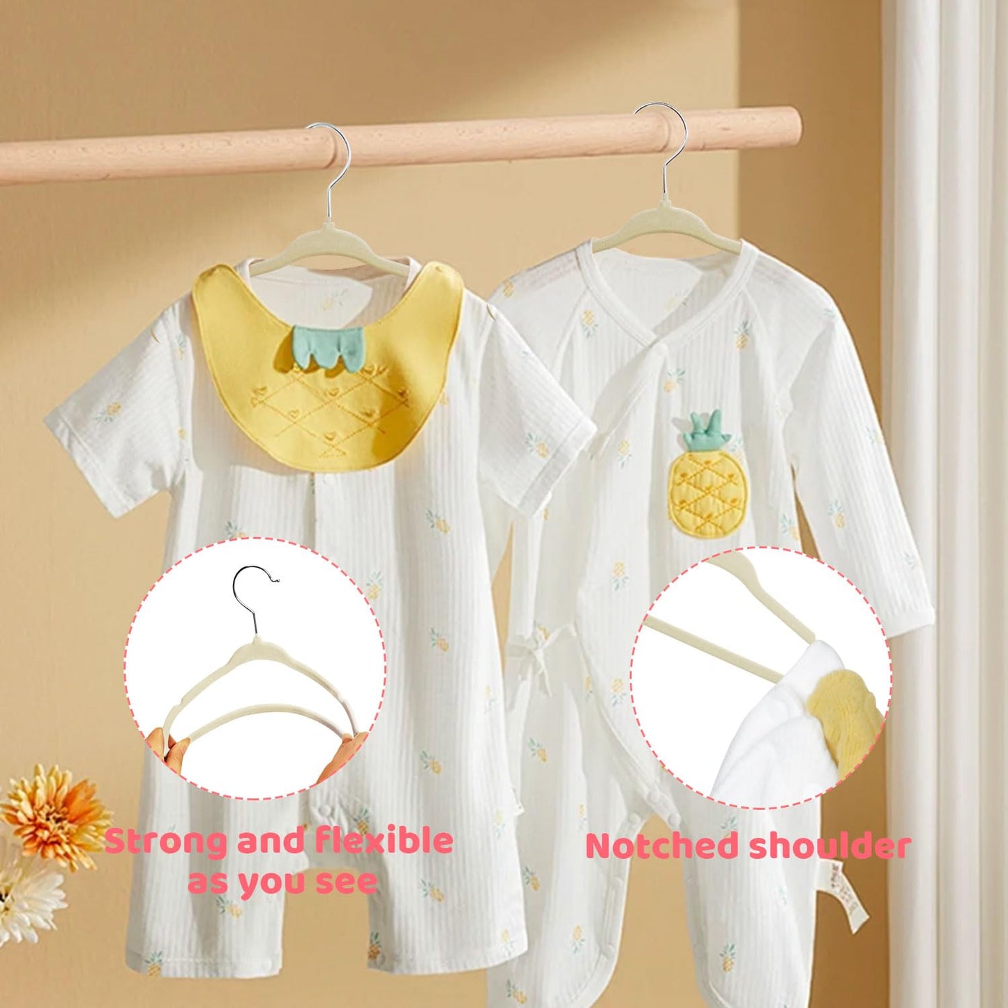 ManGotree 11" Baby Velvet Hangers Non-Slip Kids Hangers 48 Pack Beige