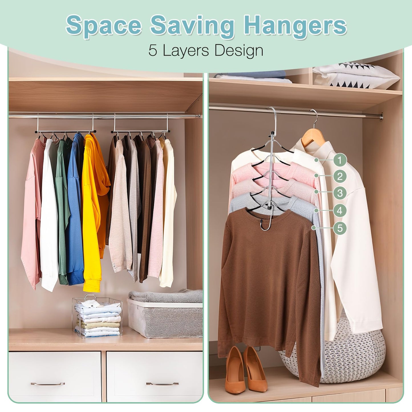 2 Pack Coat Hangers Space Saving, 5-Tier Non Slip Shirt Hanger