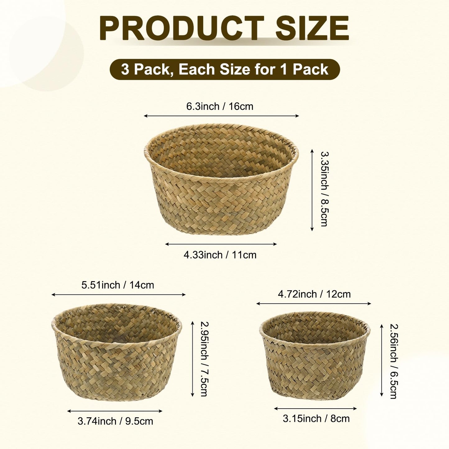 M METERXITY 3-Pack Natural Seagrass Woven Storage Basket, Small Round Storage Seaweed Woven Sundries Baskets for Fruit/Kitchen/Desktop/Household