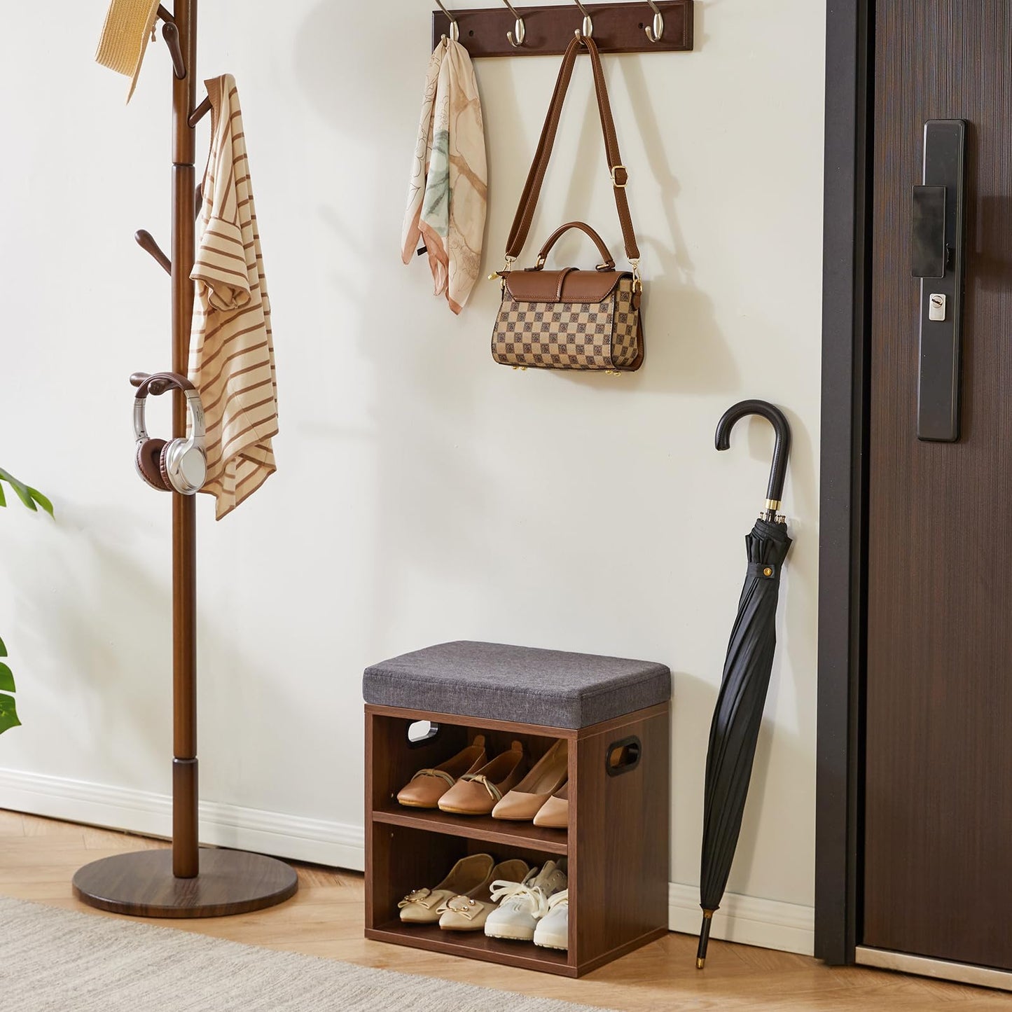 YMYNY Small Shoe Storage Bench with Cushion, Light Walnut HBD028LW