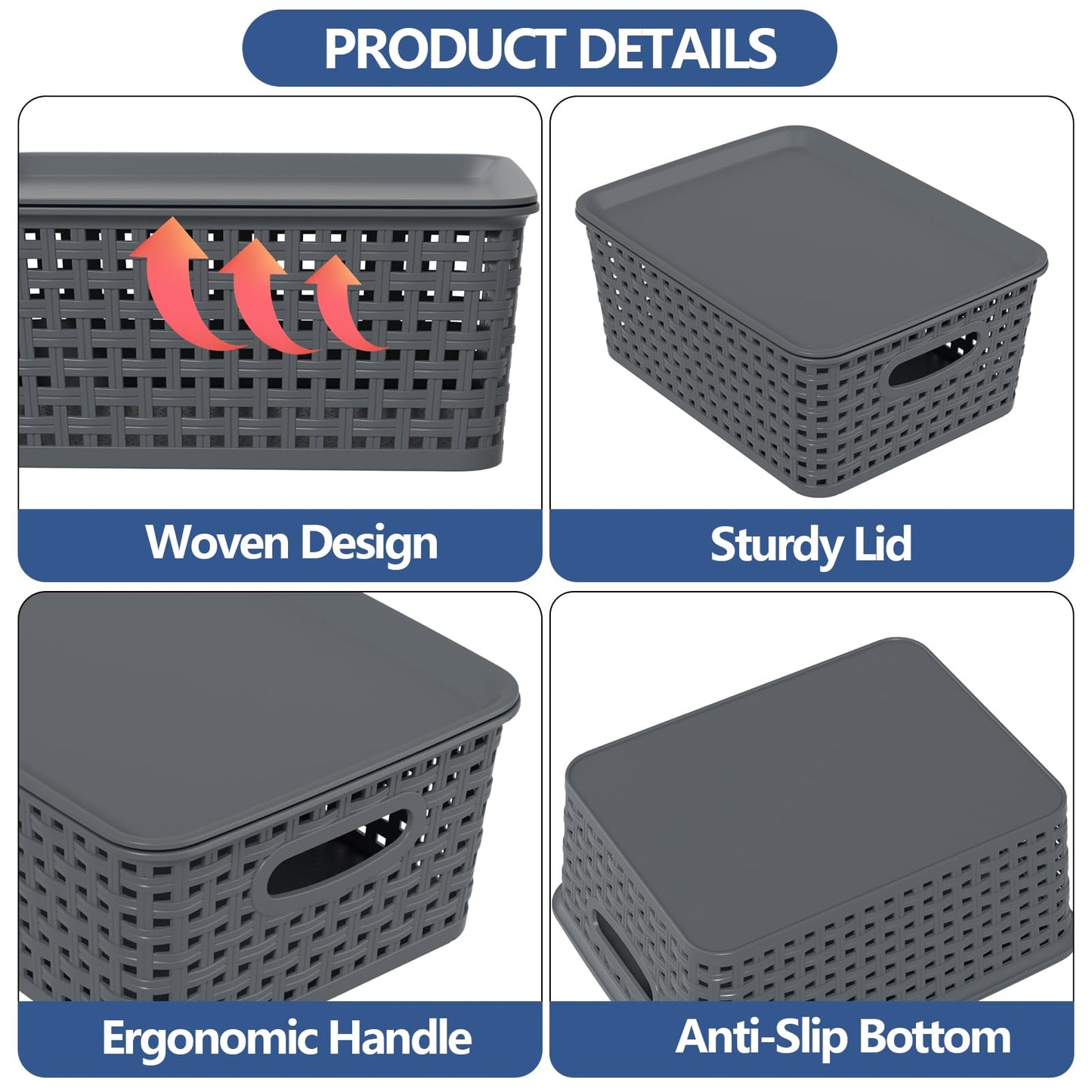 Vadidiya 6 Pack Plastic Weave Storage Baskets with Lids, Grey lidded Bins