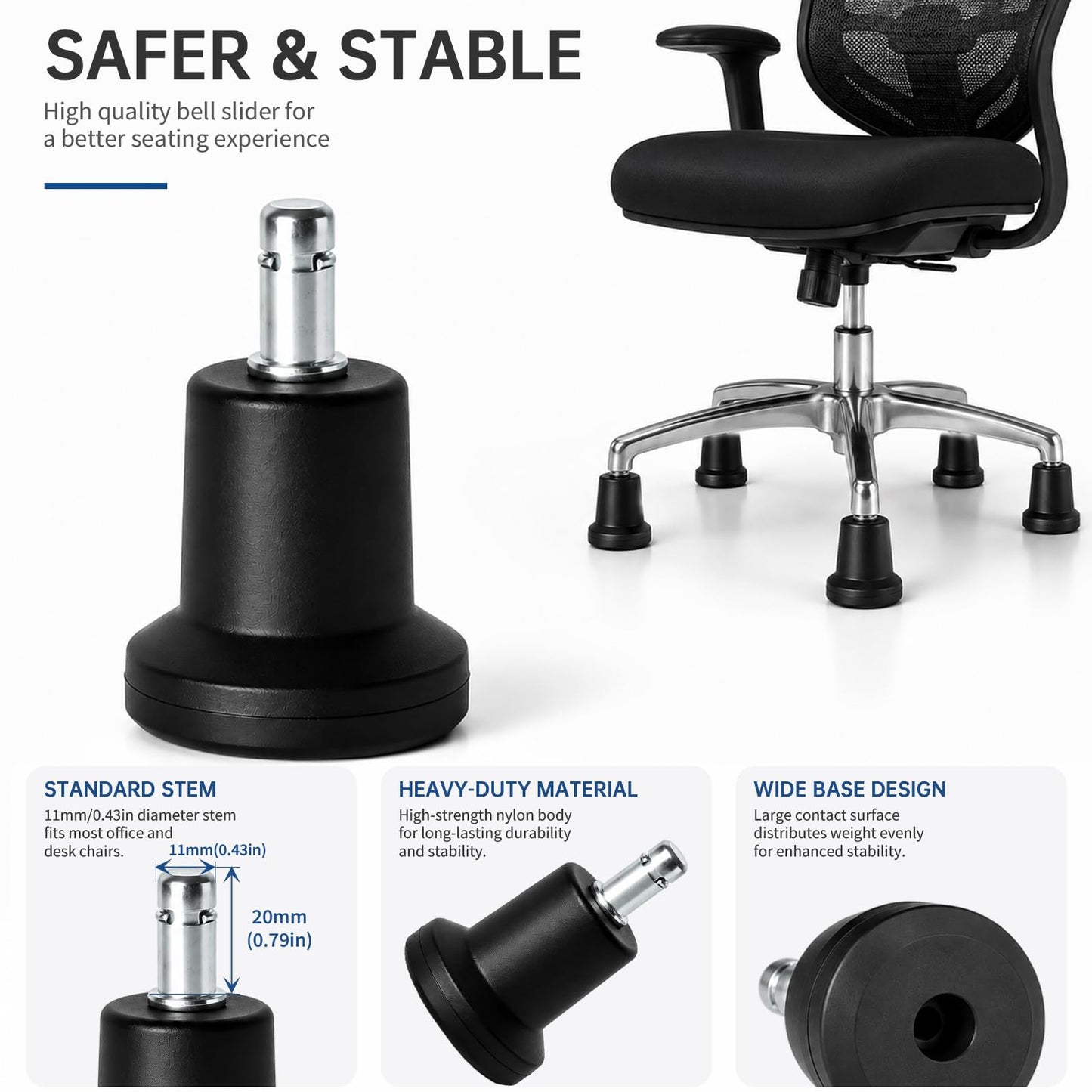 5Pcs High Profile Bell Glides Replacement Stool Swivel Caster Wheels or Office Desk Chair
