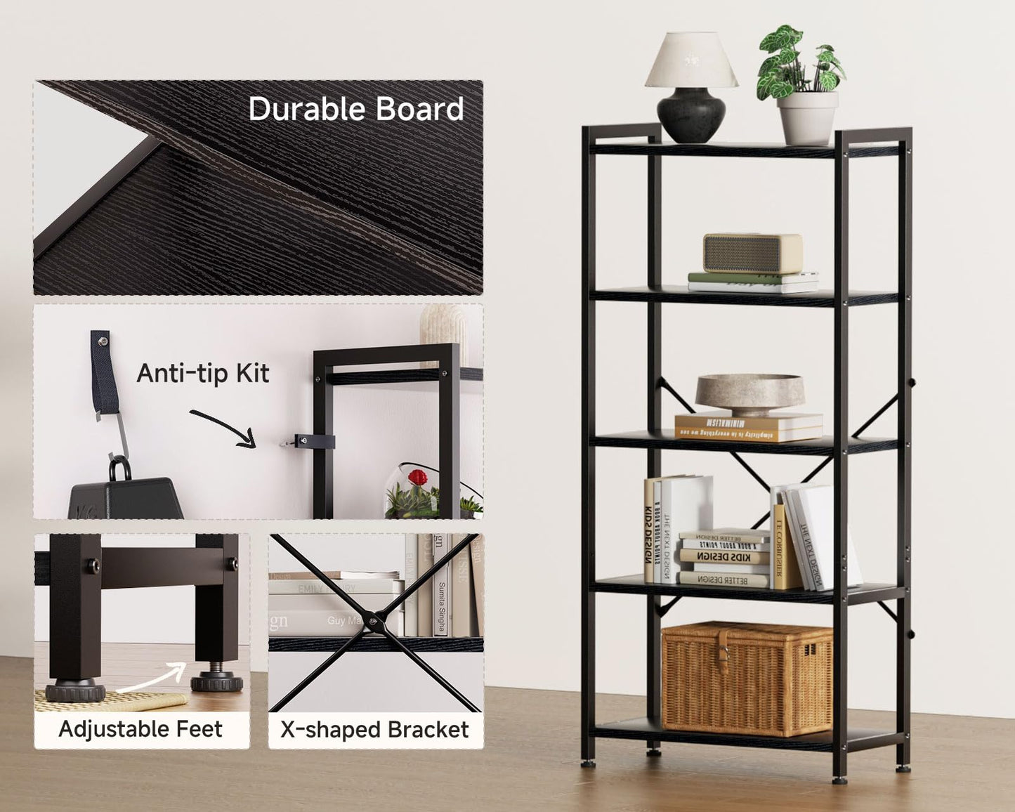 Coleshome 5-Tier Book Shelf Display Black Industrial Bookcase