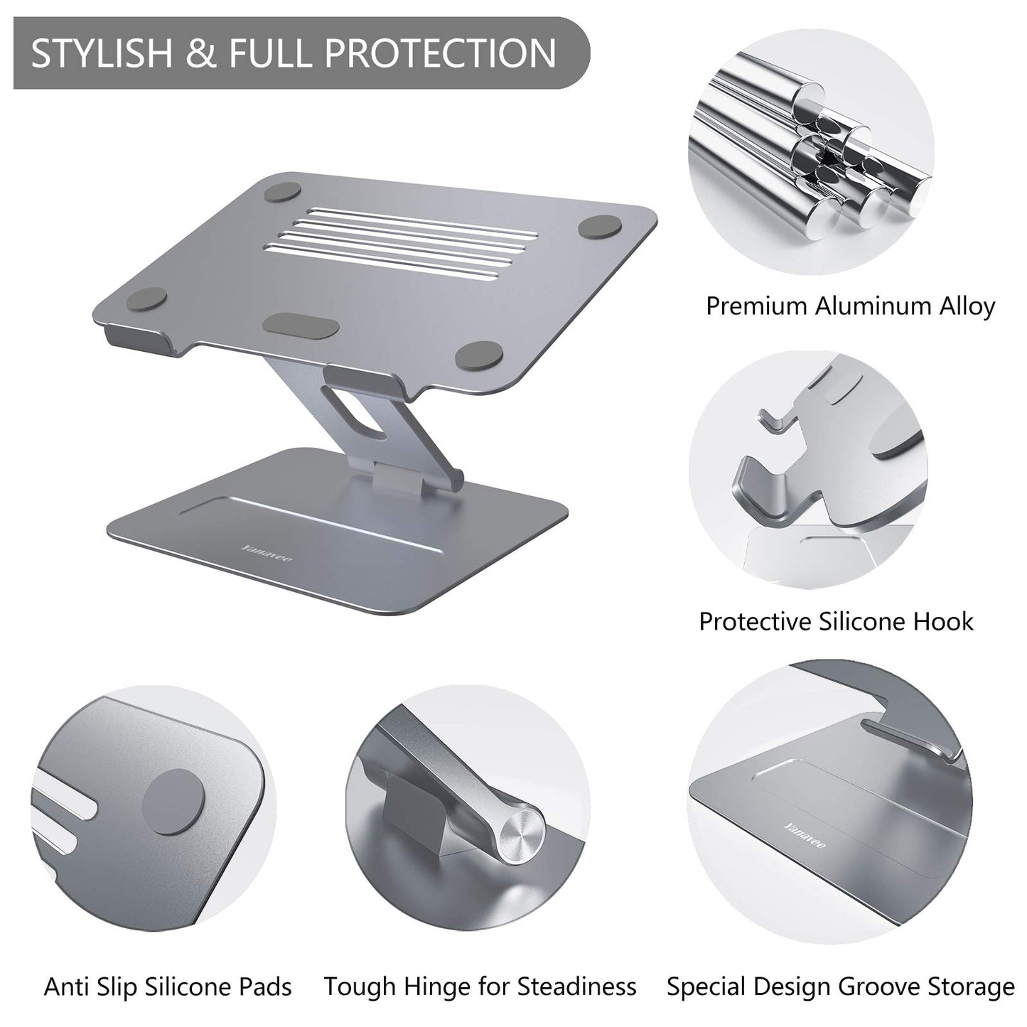 Yanavee Laptop Stand, Height Adjustable Laptop Riser With Heat-Vent, Ergonomic Aluminum Laptop Computer Stand