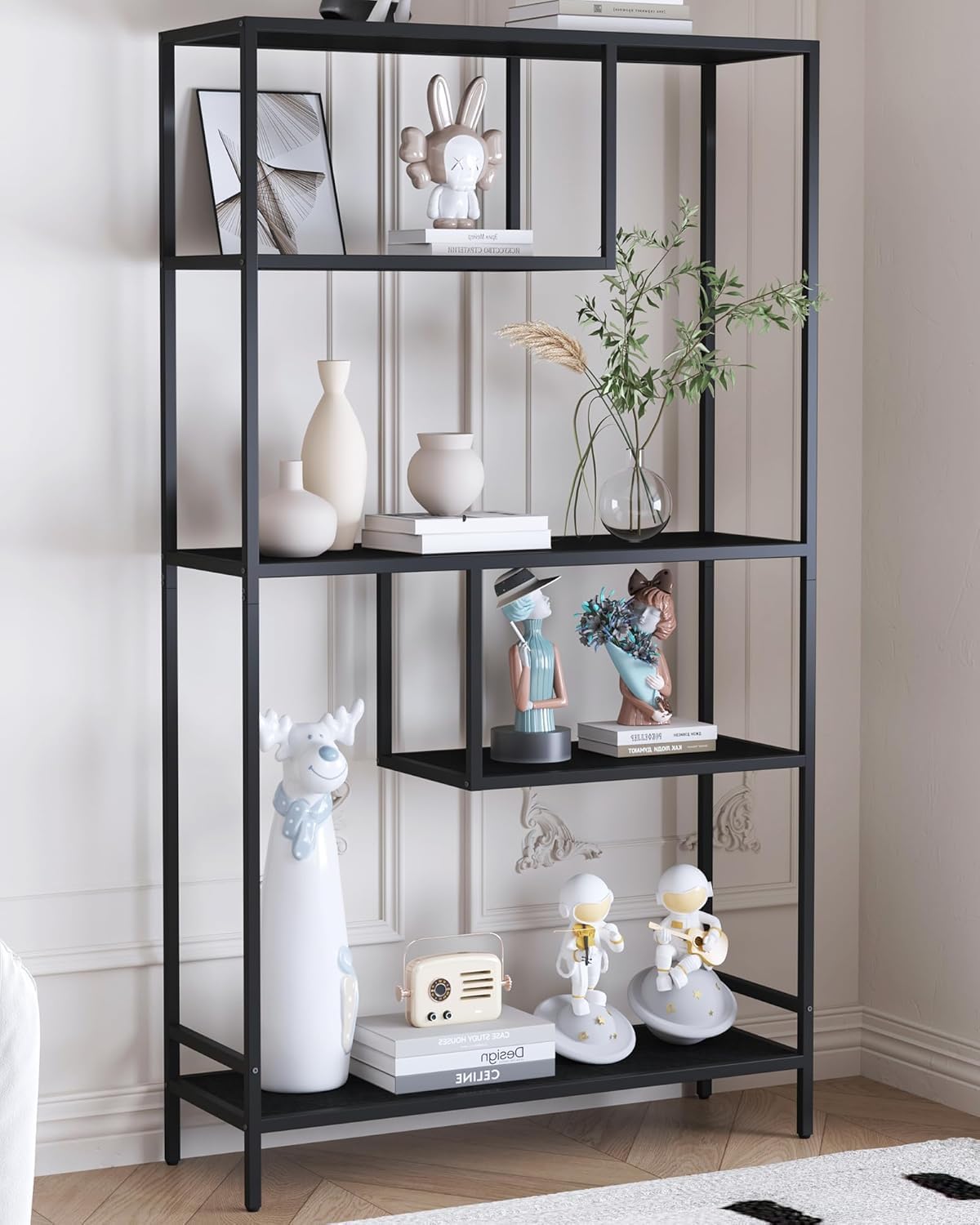 Yusong Black Bookshelf, Industrial Bookcase Open Storage Shelves with Metal Frame, Freestanding Display Rack Tall Shelving Unit for Living Room