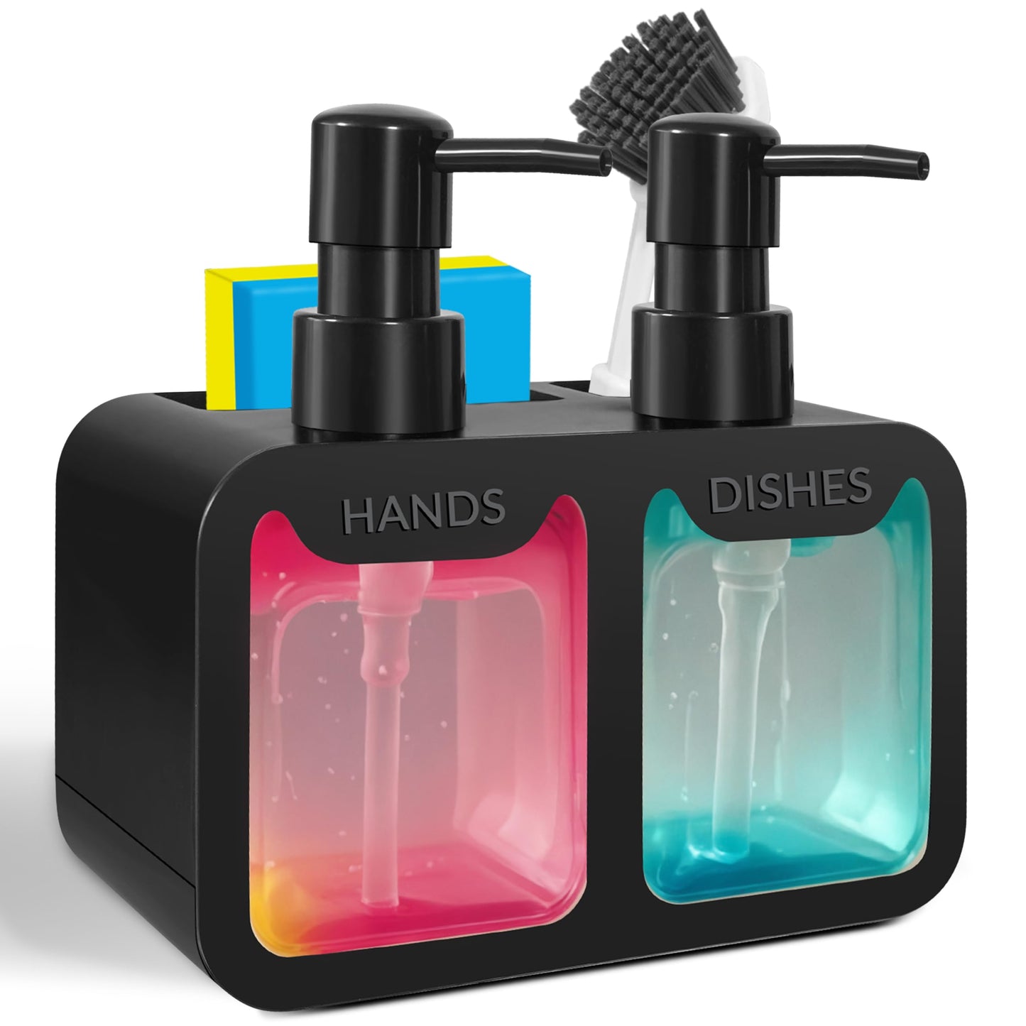 4-in-1 Kitchen Soap Dispenser Set - Dual Hand & Dish Soap Dispenser with Sponge Caddy & Brush Holder - Kitchen Sink Organizer for Countertop (Black)