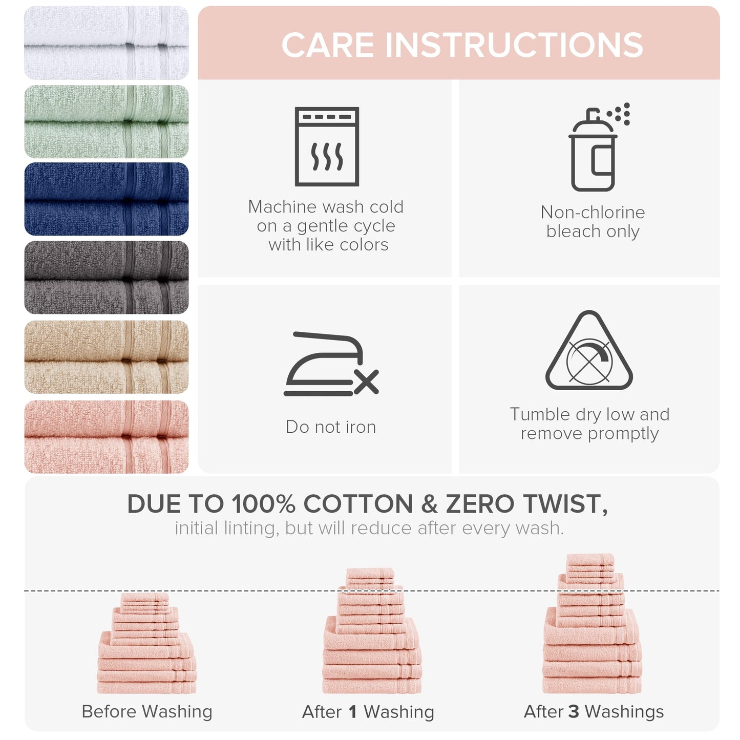 Comfort Spaces Towel Set for Bathroom 12 Piece Luxury Bath Towel Set 4 Hand Towel for Bathroom 4 Washcloth 4 Large Bath Pink Towel Sets 100% Cotton